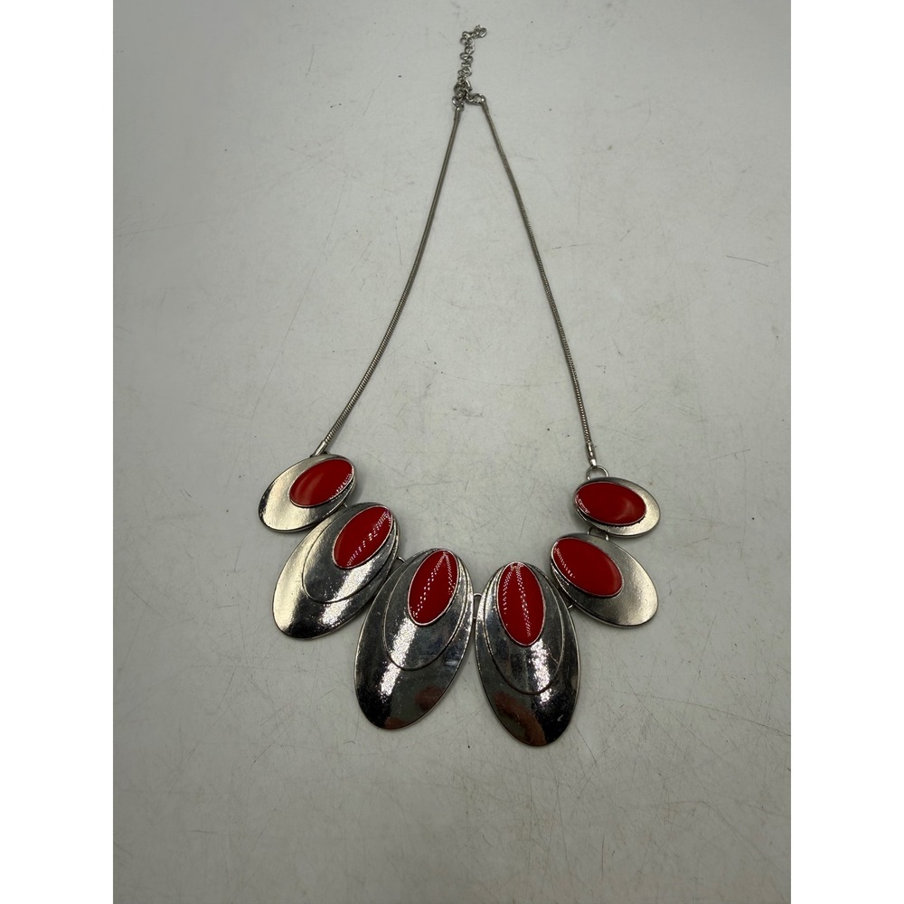 Silver Tone Red Enamel Oval Bib Statement Necklace Snake Chain Adjustable